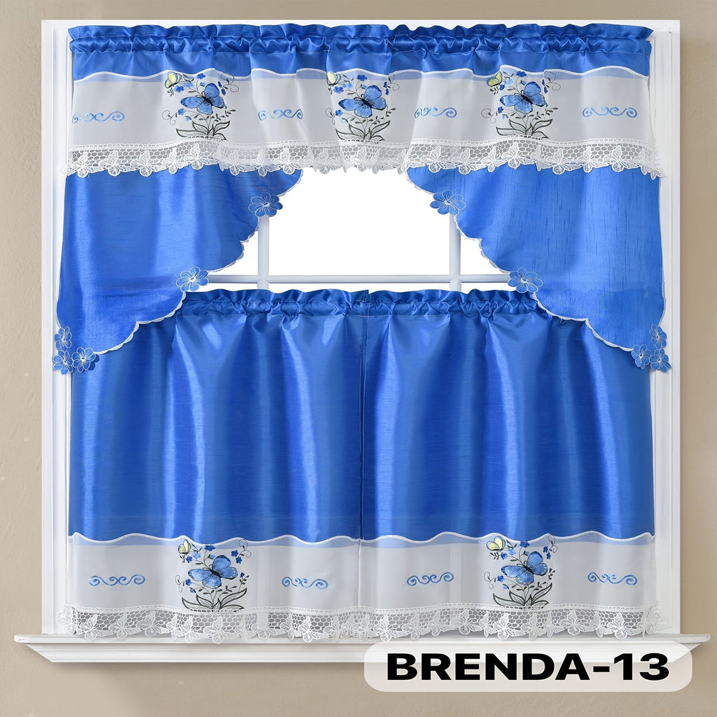 Kitchen Curtains 3 Piece Set Embroidered Satin Valance and Tiers - Rod Pocket Light Filtering Machine Washable 46 Colors Available All Season Home Decor