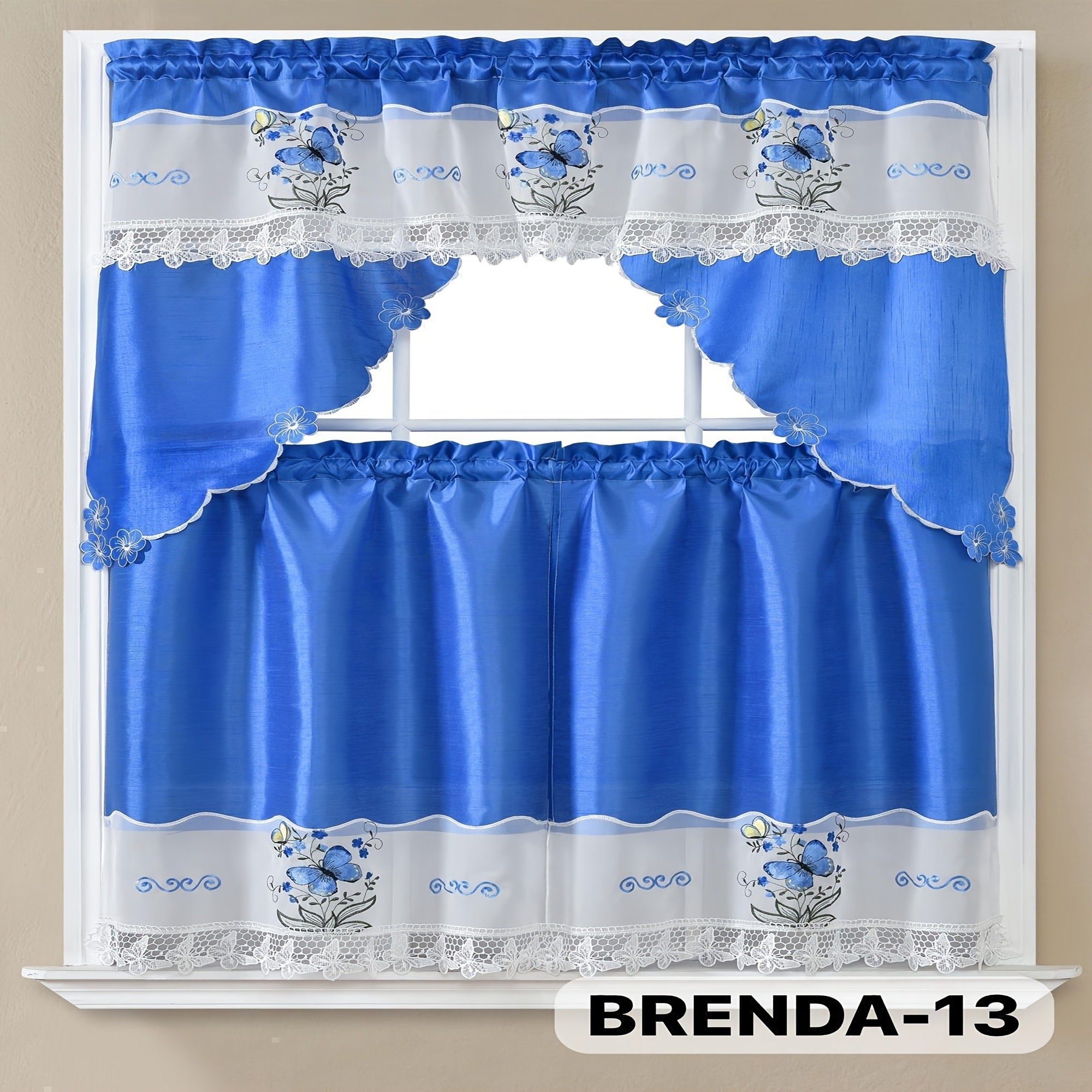 Kitchen Curtains 3 Piece Set Embroidered Satin Valance and Tiers - Rod Pocket Light Filtering Machine Washable 46 Colors Available All Season Home Decor
