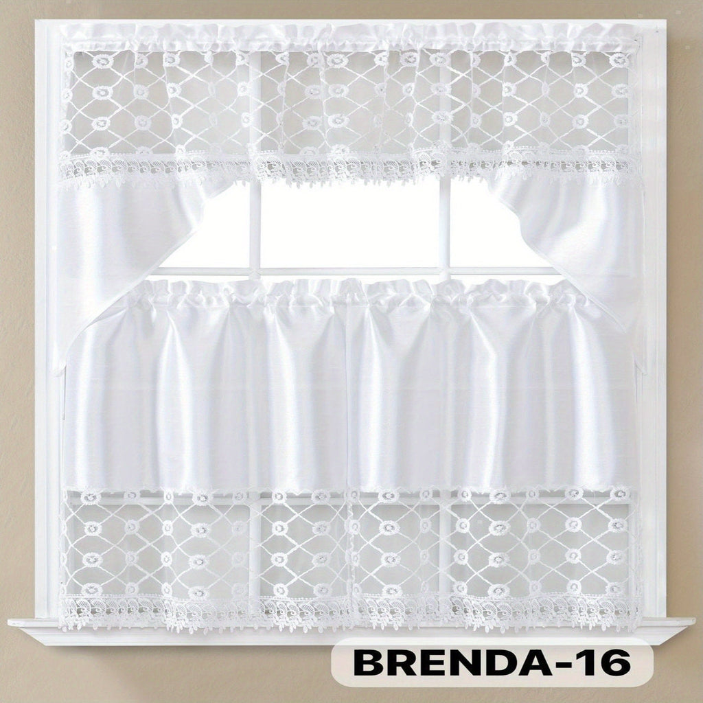 Kitchen Curtains 3 Piece Set Embroidered Satin Valance and Tiers - Rod Pocket Light Filtering Machine Washable 46 Colors Available All Season Home Decor