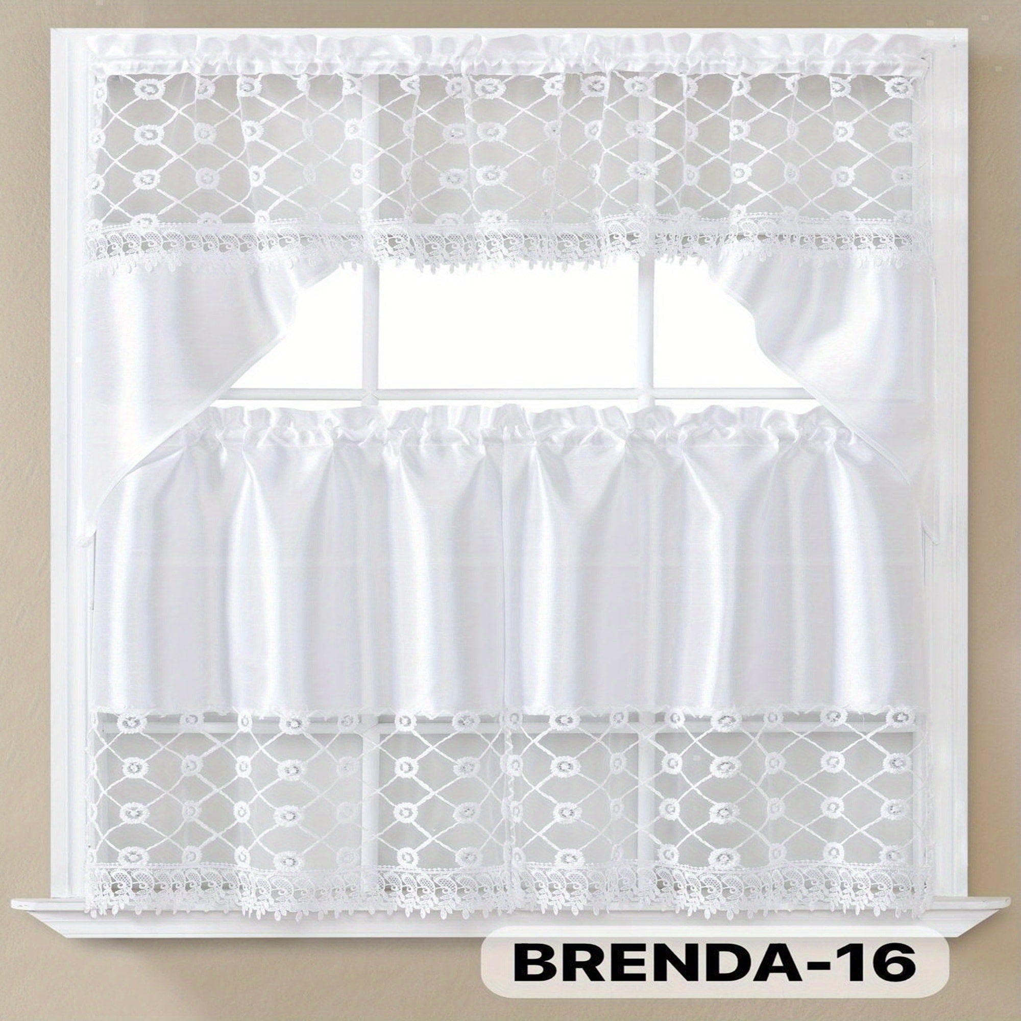 Kitchen Curtains 3 Piece Set Embroidered Satin Valance and Tiers - Rod Pocket Light Filtering Machine Washable 46 Colors Available All Season Home Decor