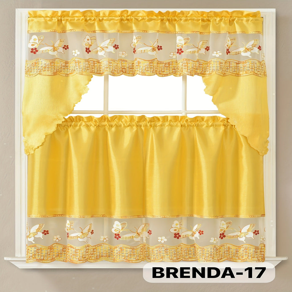 Kitchen Curtains 3 Piece Set Embroidered Satin Valance and Tiers - Rod Pocket Light Filtering Machine Washable 46 Colors Available All Season Home Decor
