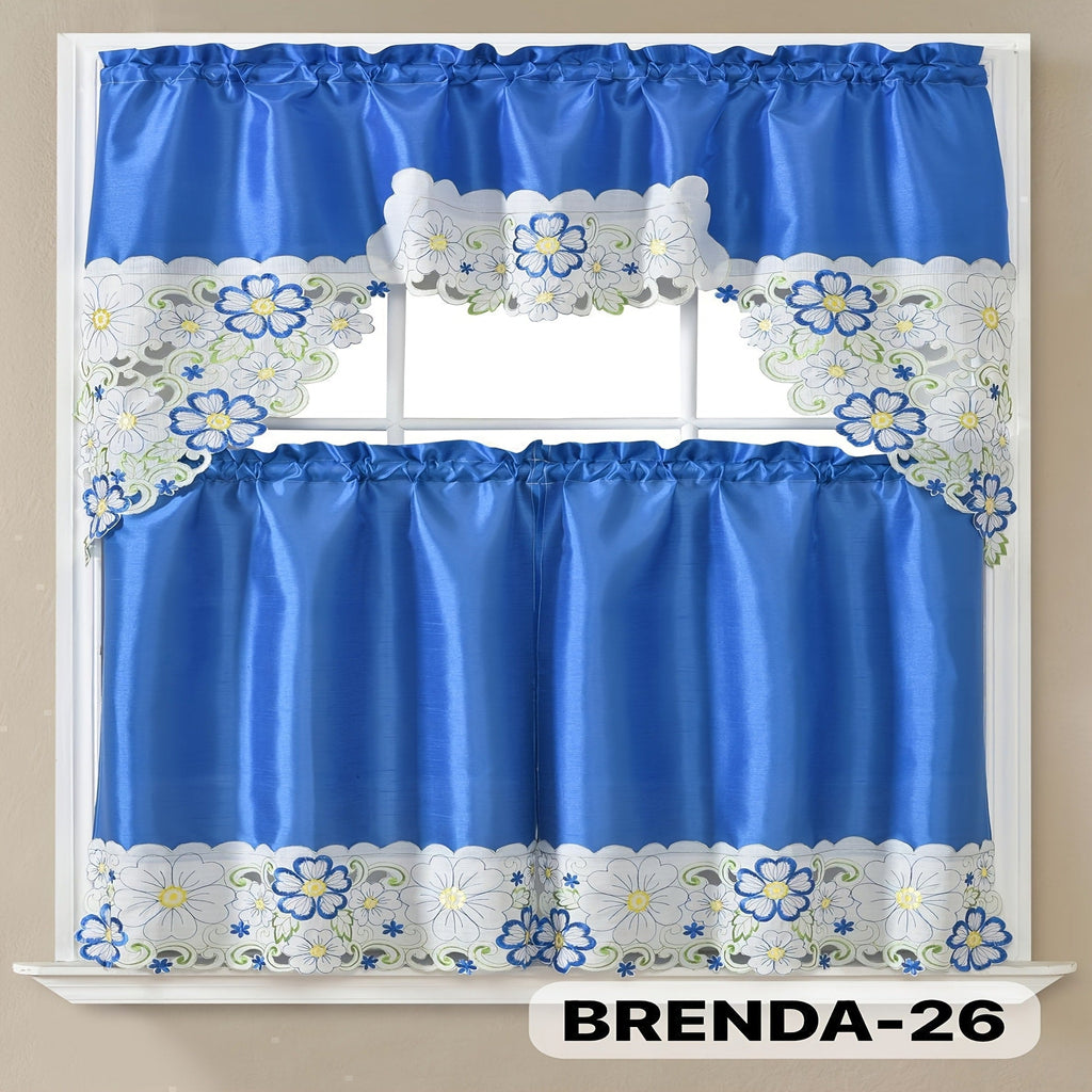 Kitchen Curtains 3 Piece Set Embroidered Satin Valance and Tiers - Rod Pocket Light Filtering Machine Washable 46 Colors Available All Season Home Decor