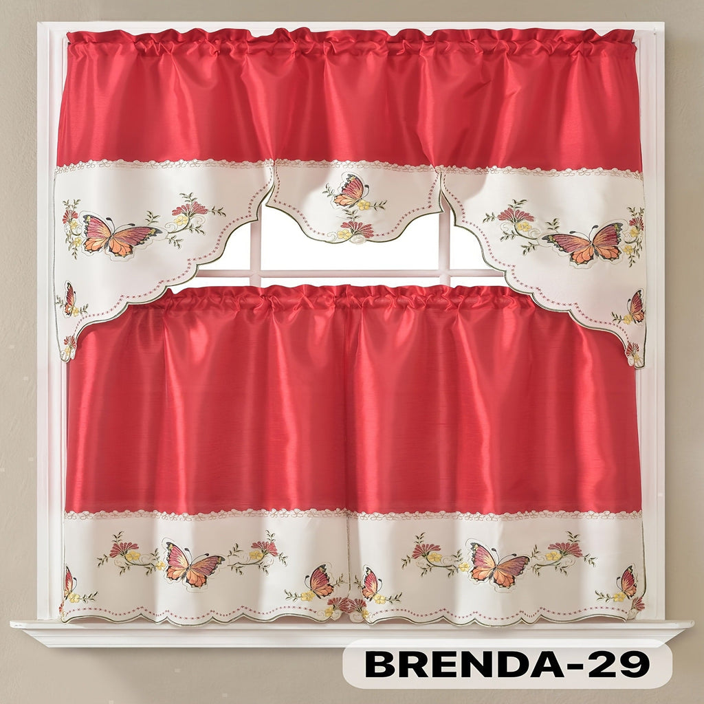 Kitchen Curtains 3 Piece Set Embroidered Satin Valance and Tiers - Rod Pocket Light Filtering Machine Washable 46 Colors Available All Season Home Decor