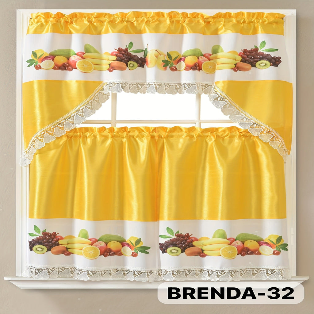 Kitchen Curtains 3 Piece Set Embroidered Satin Valance and Tiers - Rod Pocket Light Filtering Machine Washable 46 Colors Available All Season Home Decor