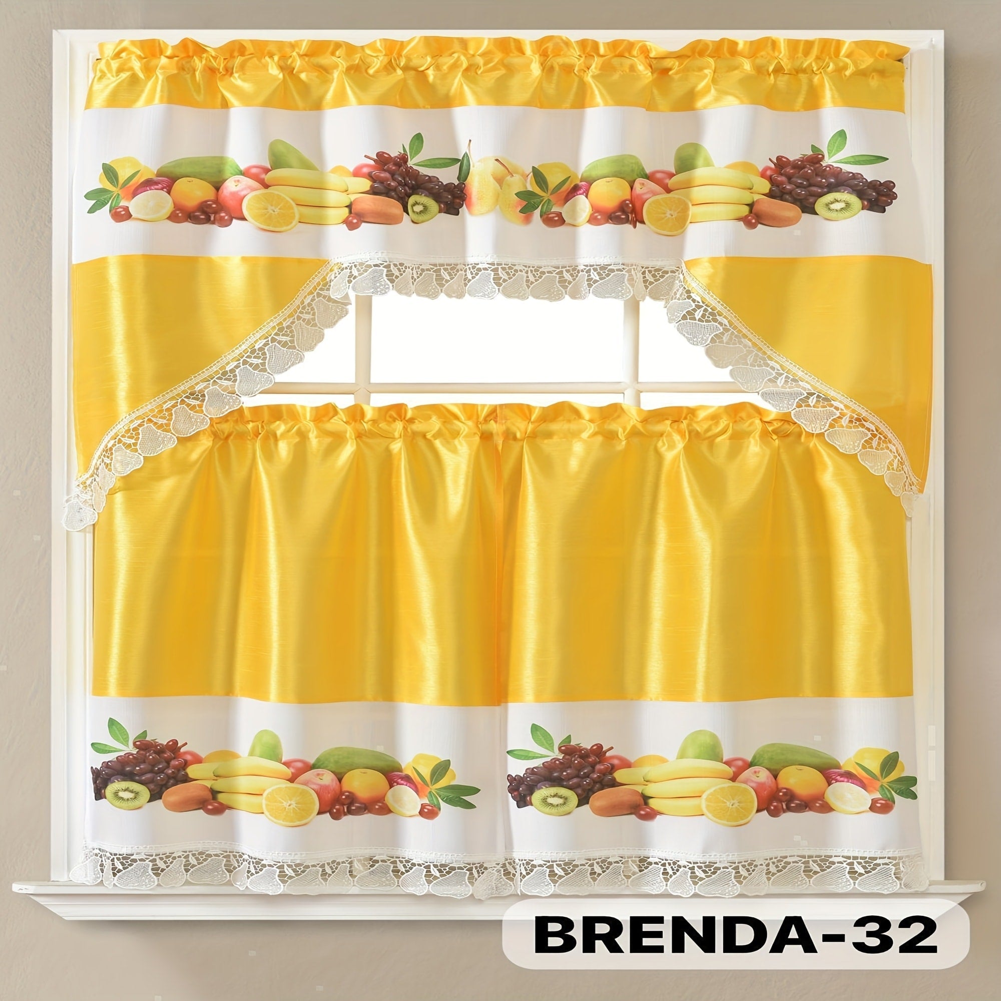 Kitchen Curtains 3 Piece Set Embroidered Satin Valance and Tiers - Rod Pocket Light Filtering Machine Washable 46 Colors Available All Season Home Decor