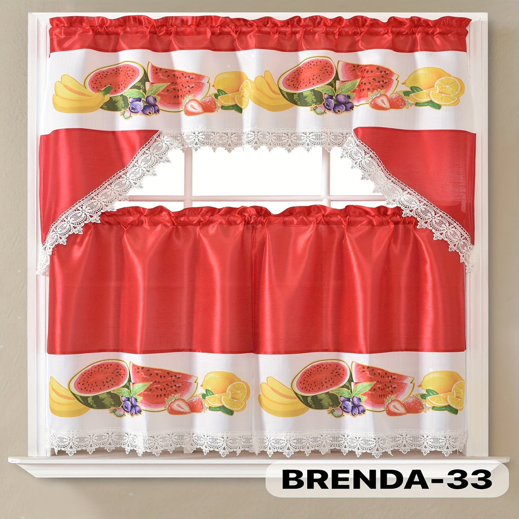 Kitchen Curtains 3 Piece Set Embroidered Satin Valance and Tiers - Rod Pocket Light Filtering Machine Washable 46 Colors Available All Season Home Decor
