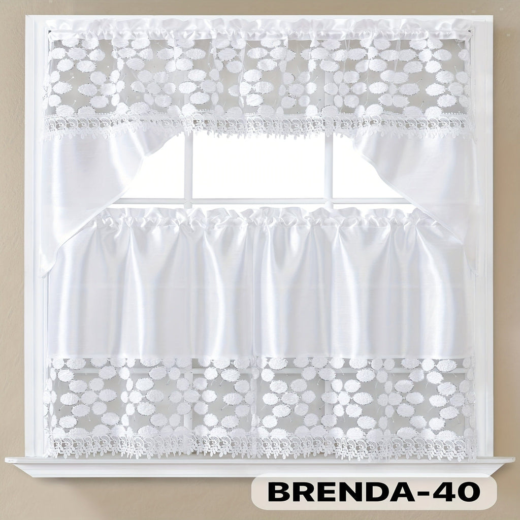 Kitchen Curtains 3 Piece Set Embroidered Satin Valance and Tiers - Rod Pocket Light Filtering Machine Washable 46 Colors Available All Season Home Decor