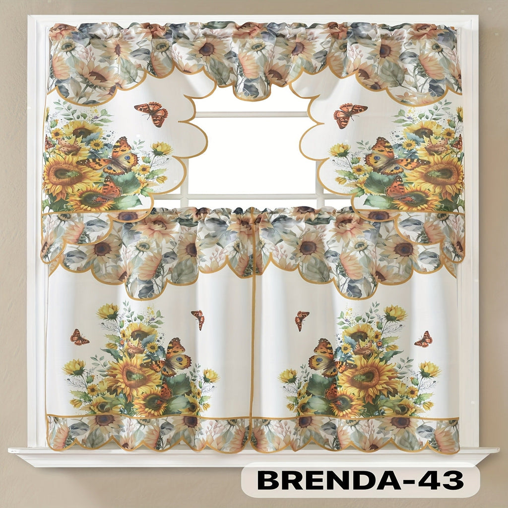Kitchen Curtains 3 Piece Set Embroidered Satin Valance and Tiers - Rod Pocket Light Filtering Machine Washable 46 Colors Available All Season Home Decor