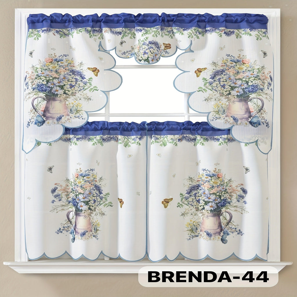 Kitchen Curtains 3 Piece Set Embroidered Satin Valance and Tiers - Rod Pocket Light Filtering Machine Washable 46 Colors Available All Season Home Decor