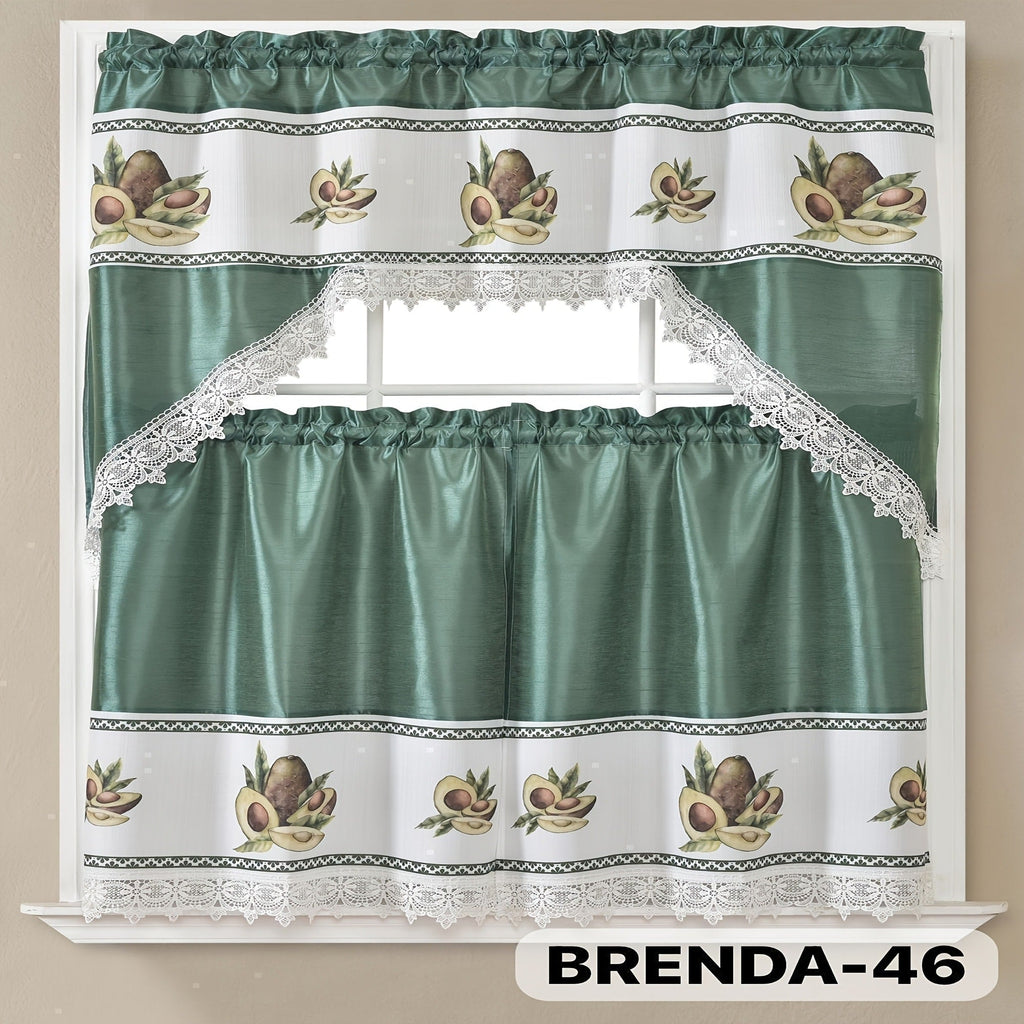 Kitchen Curtains 3 Piece Set Embroidered Satin Valance and Tiers - Rod Pocket Light Filtering Machine Washable 46 Colors Available All Season Home Decor