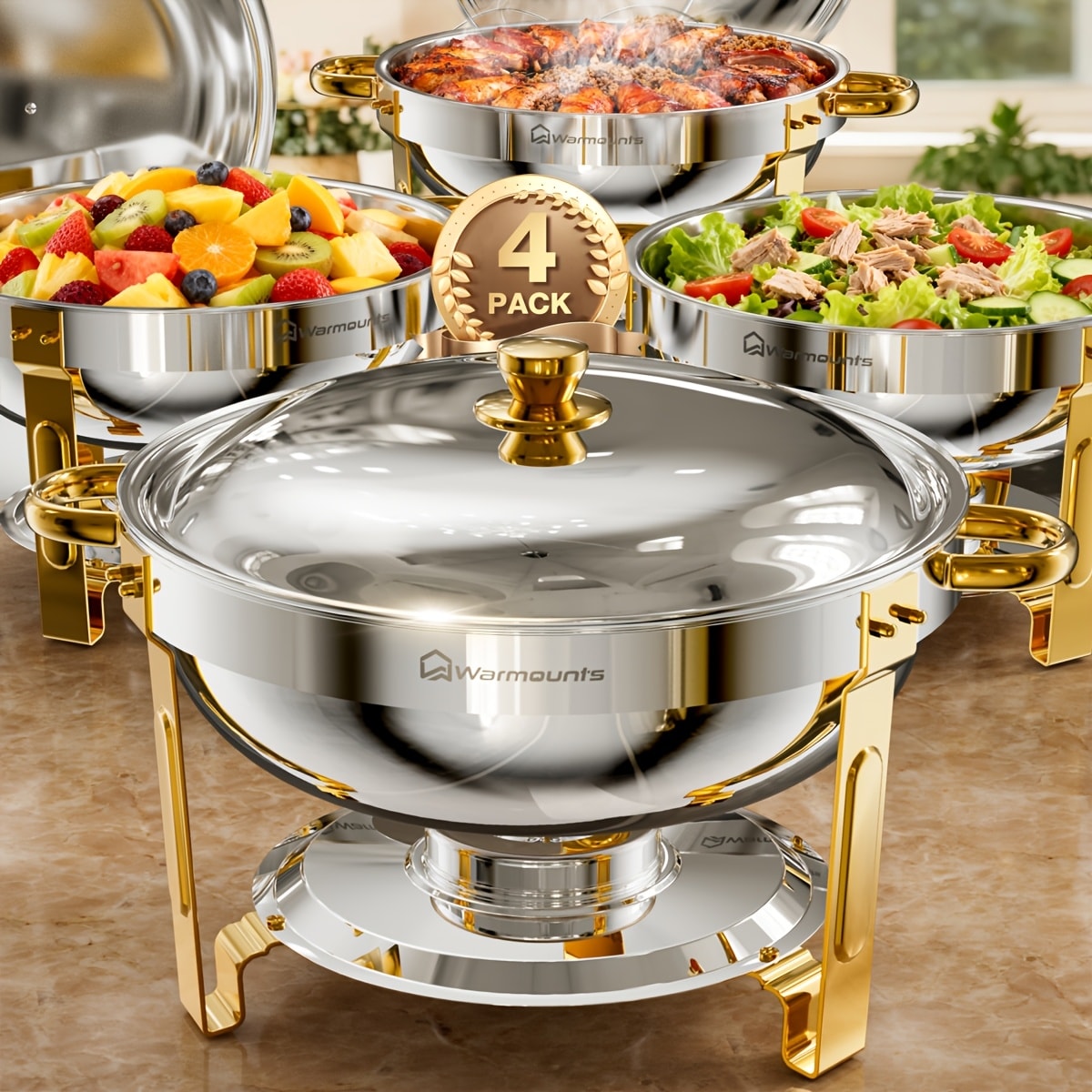 Gold Chafing Dishes Buffet Set 5QT Round Stainless Steel Food Warmer with Glass Lid Lid Holder Mirror Polished for Wedding Party Catering Events - 2 Pack or 4 Pack Chafer Buffet Server