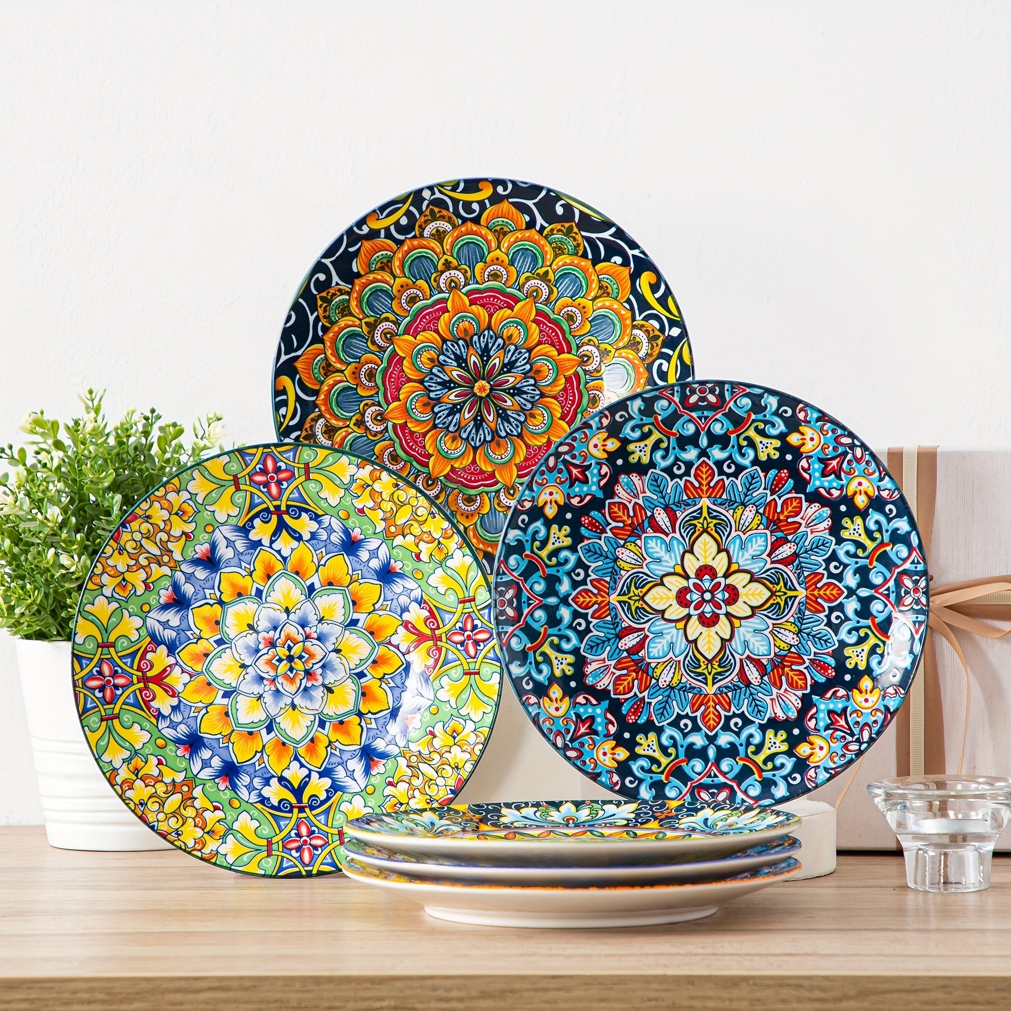 Bohemian Ceramic Dessert Plate Set of 6 - 8.5 Inch Colorful Abstract Pattern Dinnerware, Lead-Free Glazed Porcelain Plates, Dishwasher & Microwave Safe, Boho Home Decor Gift for Kitchen Dining Table