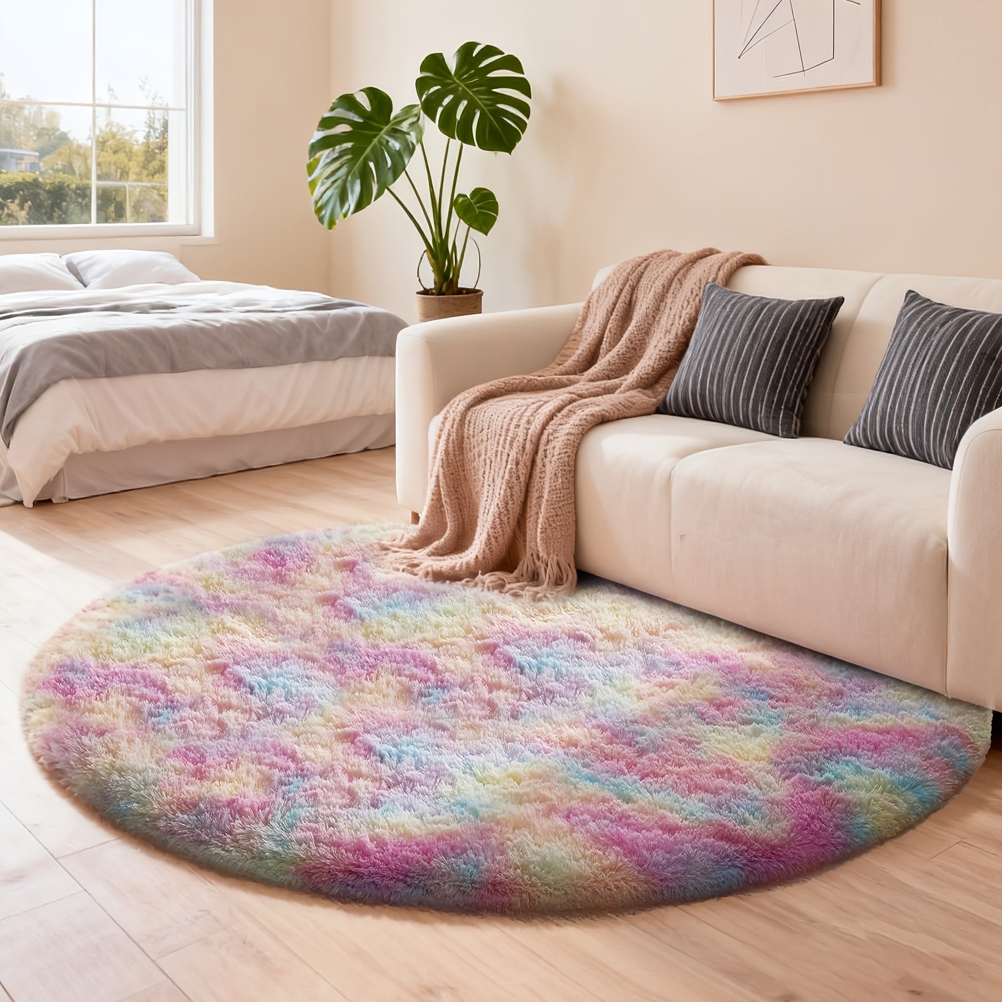 Round Area Rug Soft Shaggy Plush Circle Rug Non-Slip Indoor Floor Mat for Living Room Bedroom Dorm Tie Dye Rainbow Multi-Color Multi-Size