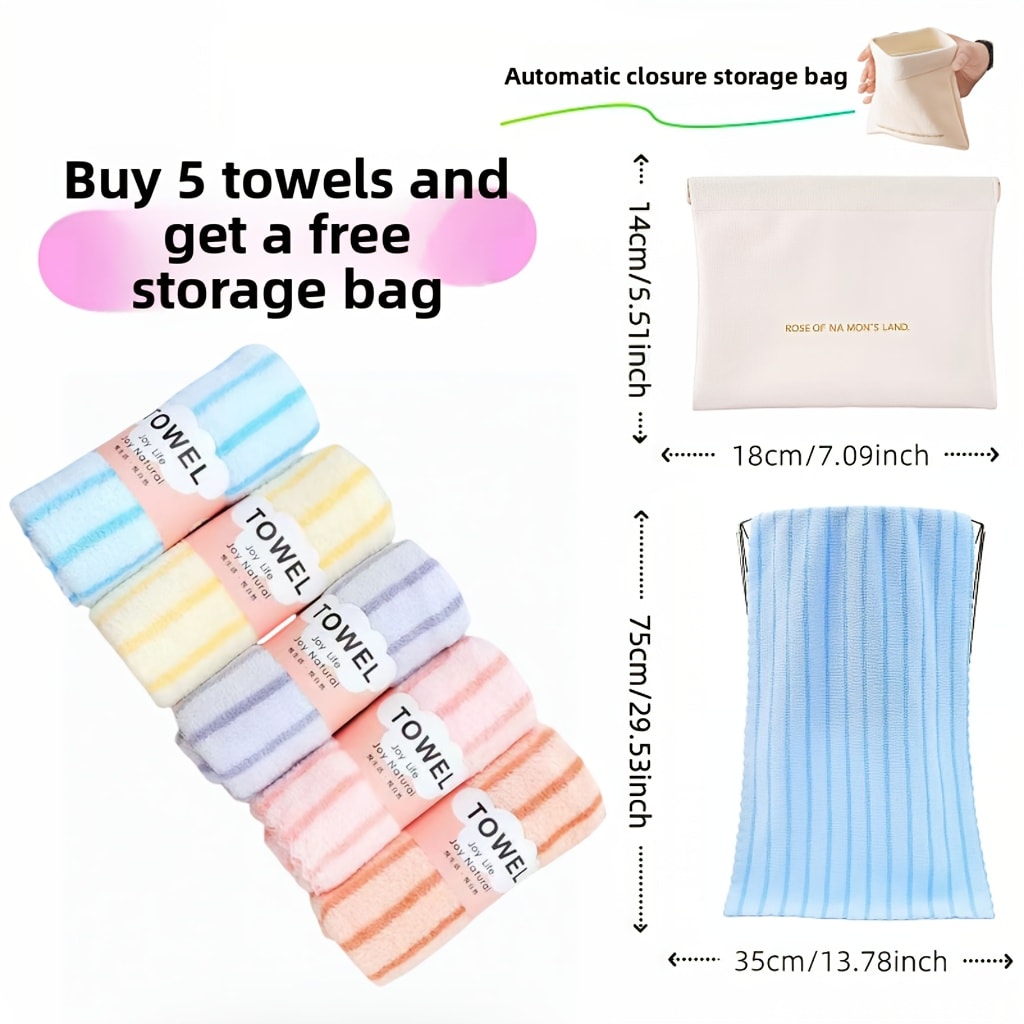 Bath Towel Set 5-Pack Coral Fleece Face Towels Thickened 500GSM Absorbent Color-Coded Striped Solid Spa Sensitive Skin Rectangular