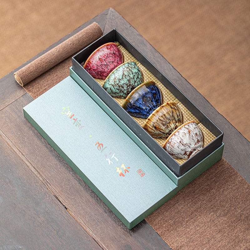 Jianzhan Ceramic Tea Cups Set of 5 ¨C Handmade Kiln-Changed Glazed Kung Fu Teacups, Traditional Chinese Porcelain, Unique Gift for Home Office Business