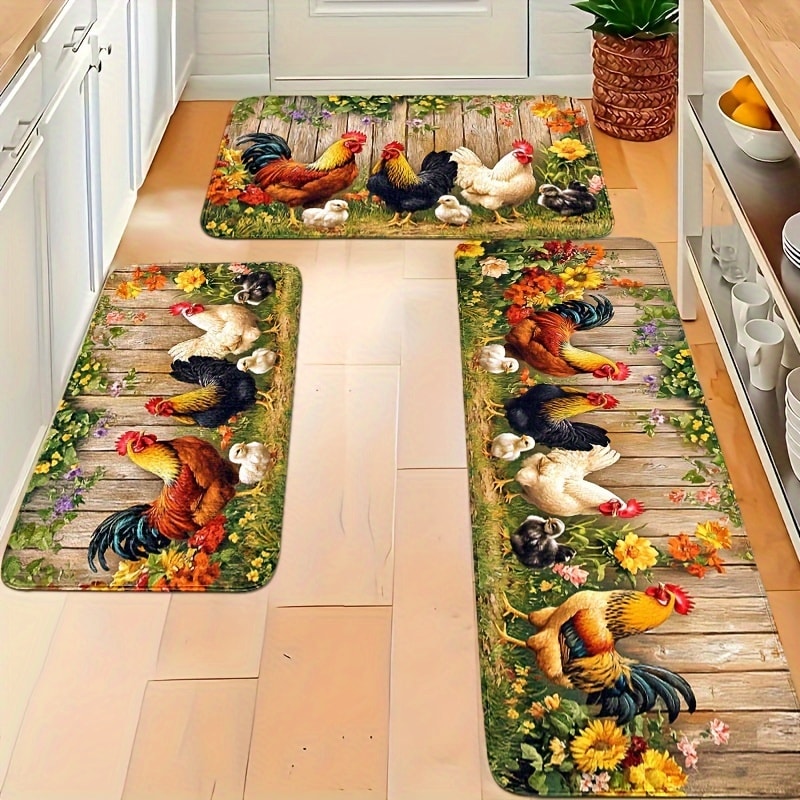 Rooster Kitchen Rugs Set 1/2/3/4pcs Vintage Farmhouse Anti-Slip Floor Mats for Kitchen Bedroom Bathroom Living Room Laundry Room Entrance