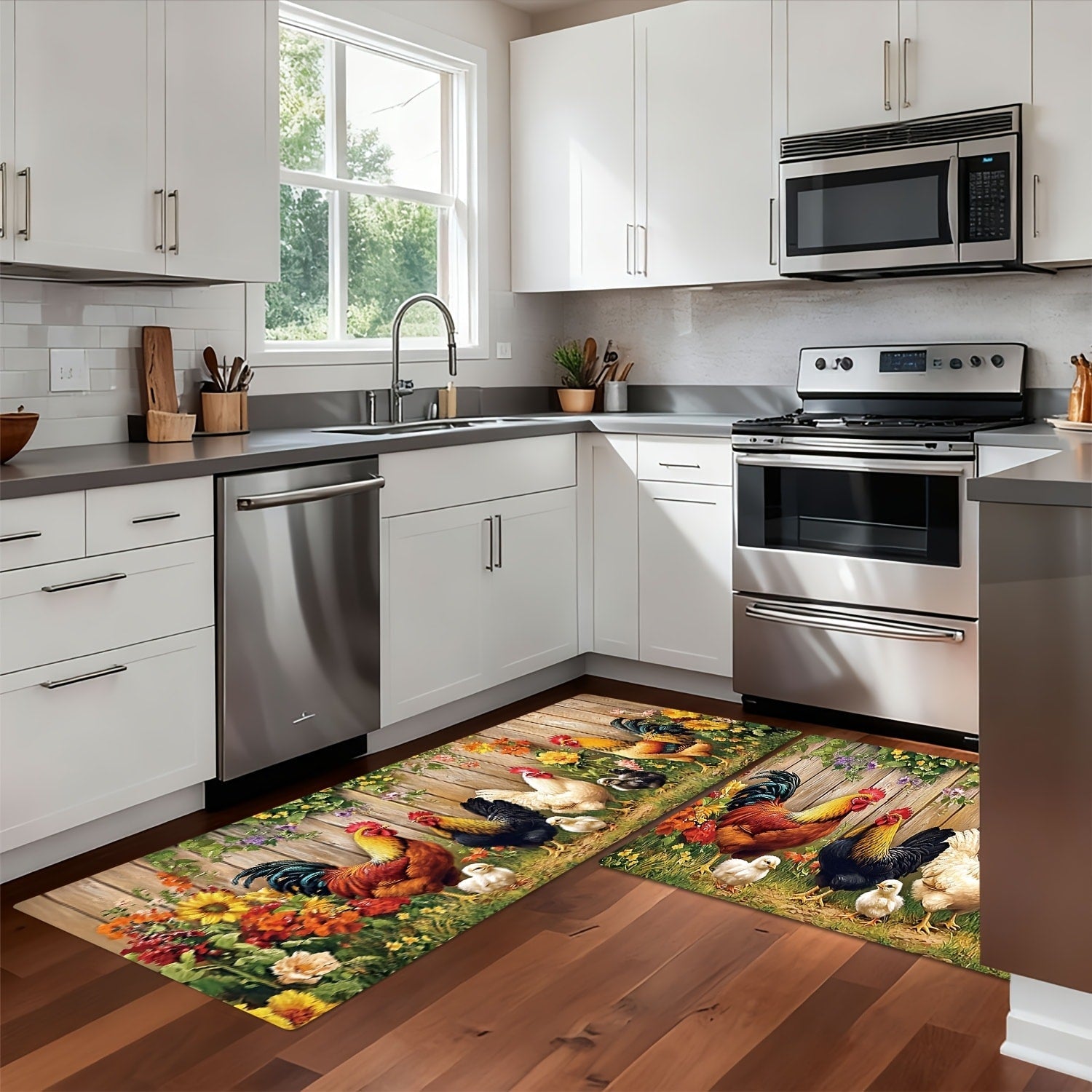 Rooster Kitchen Rugs Set 1/2/3/4pcs Vintage Farmhouse Anti-Slip Floor Mats for Kitchen Bedroom Bathroom Living Room Laundry Room Entrance