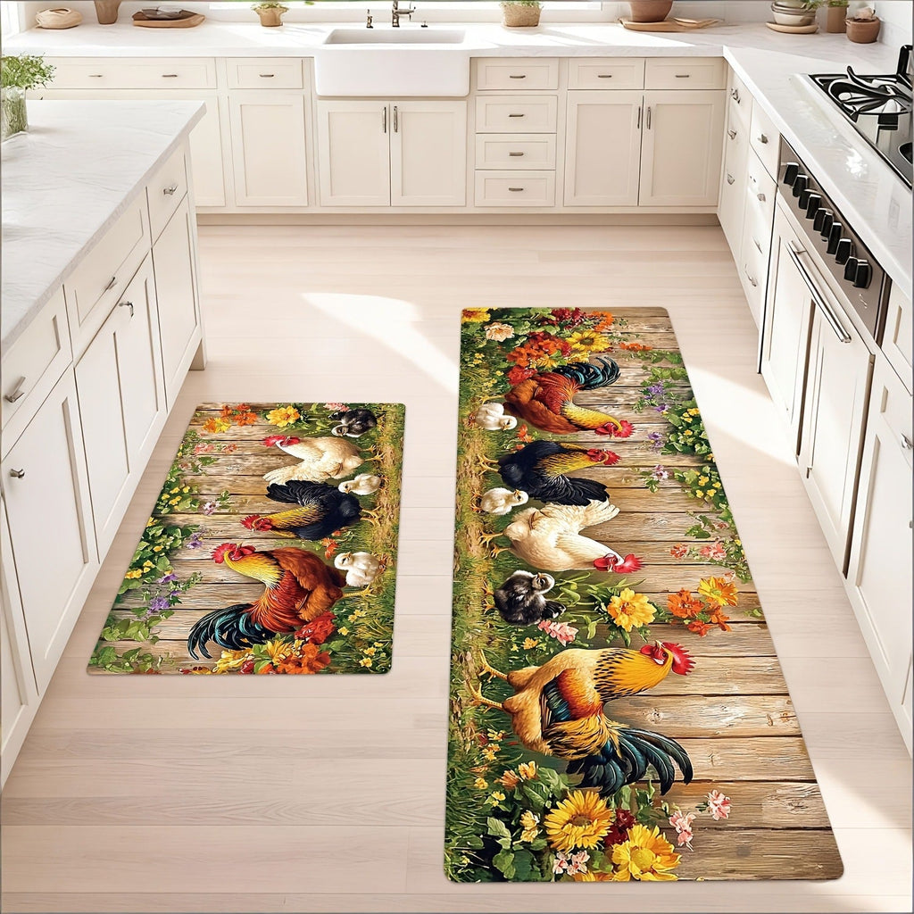 Rooster Kitchen Rugs Set 1/2/3/4pcs Vintage Farmhouse Anti-Slip Floor Mats for Kitchen Bedroom Bathroom Living Room Laundry Room Entrance