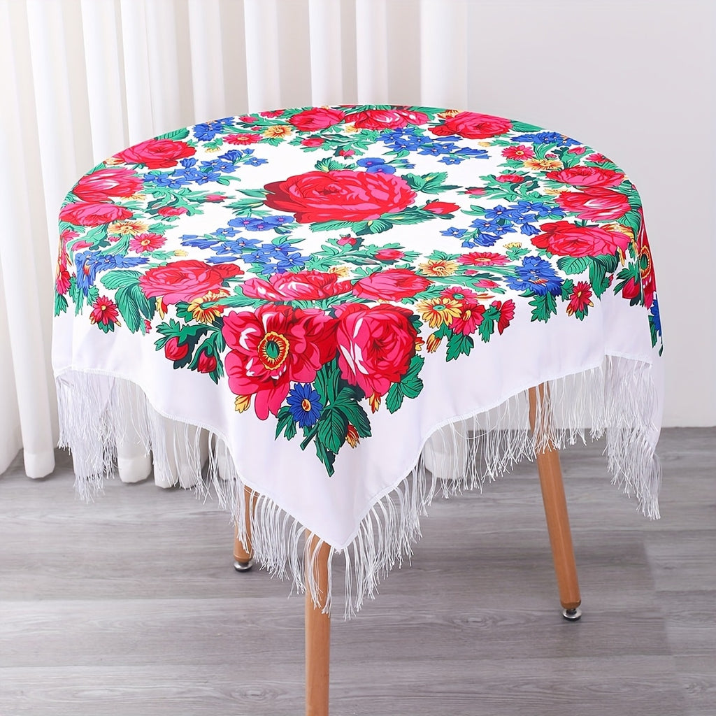 Floral Square Tablecloth with Tassels - Multicolor Flowers, Machine-Washable Polyester, Kitchen & Dining Room Table Cover with Tassel Trim