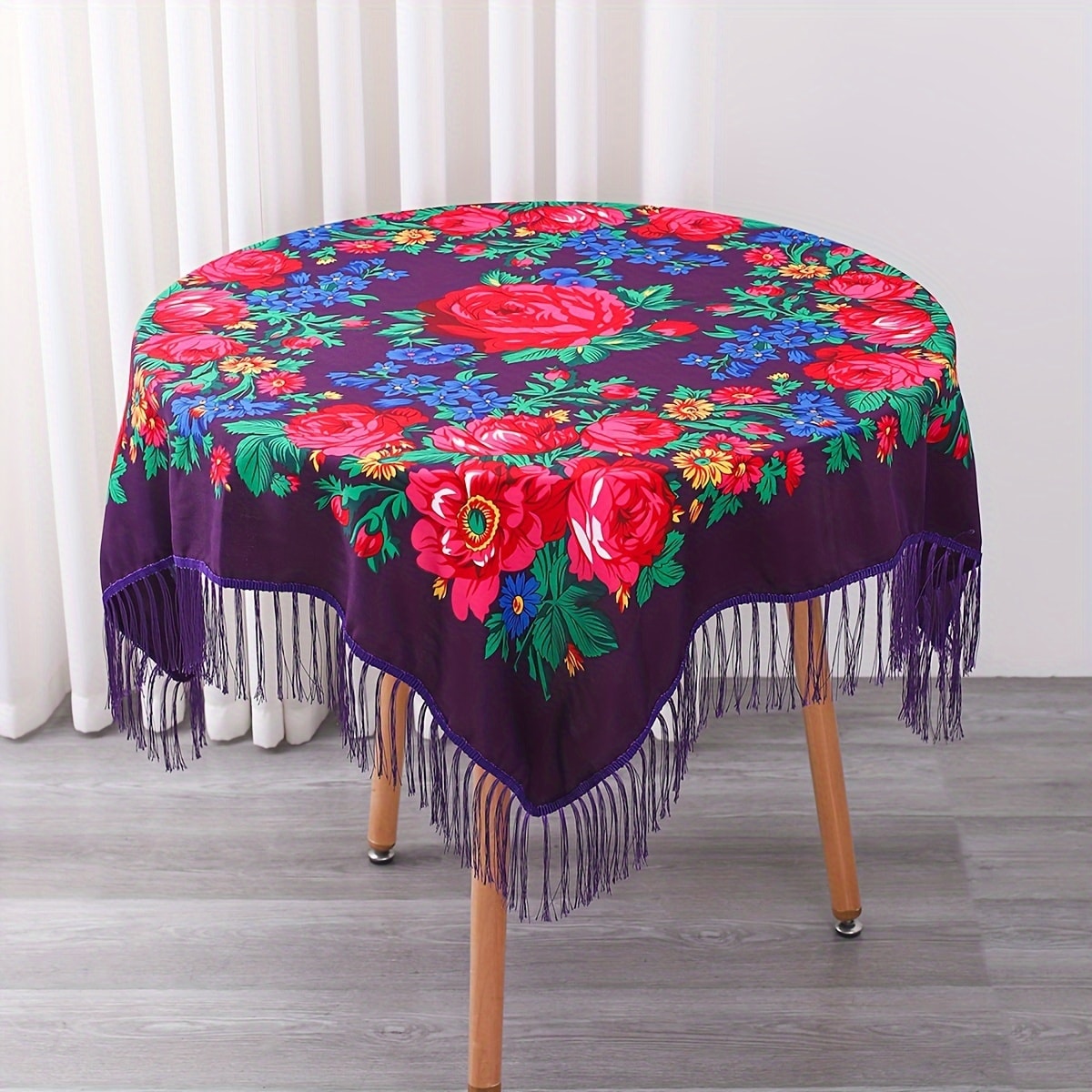Floral Square Tablecloth with Tassels - Multicolor Flowers, Machine-Washable Polyester, Kitchen & Dining Room Table Cover with Tassel Trim