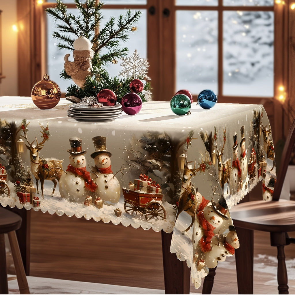 Christmas Tablecloth Vintage Snowman Reindeer Christmas Tree Red Holiday Table Cover for Rectangular Round Oval Tables Durable Polyester Fabric Party Home Restaurant Decorations