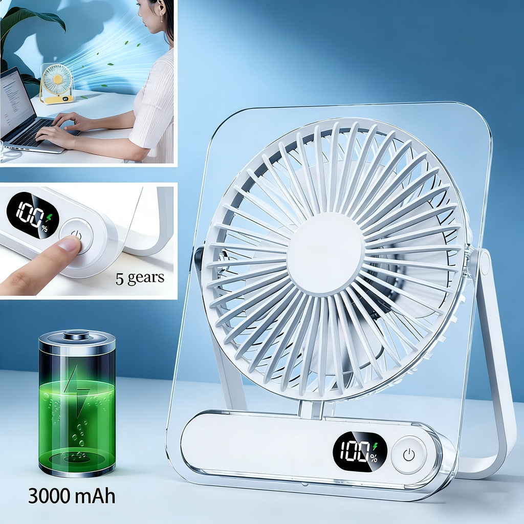 Portable USB Desktop Fan 3000mAh Battery, Ultra-Quiet 5-Speed Foldable Fan with 180¡ã Adjustable Tilt and Digital Power Display, Small Personal Cooling Fan for Home, Office and Travel