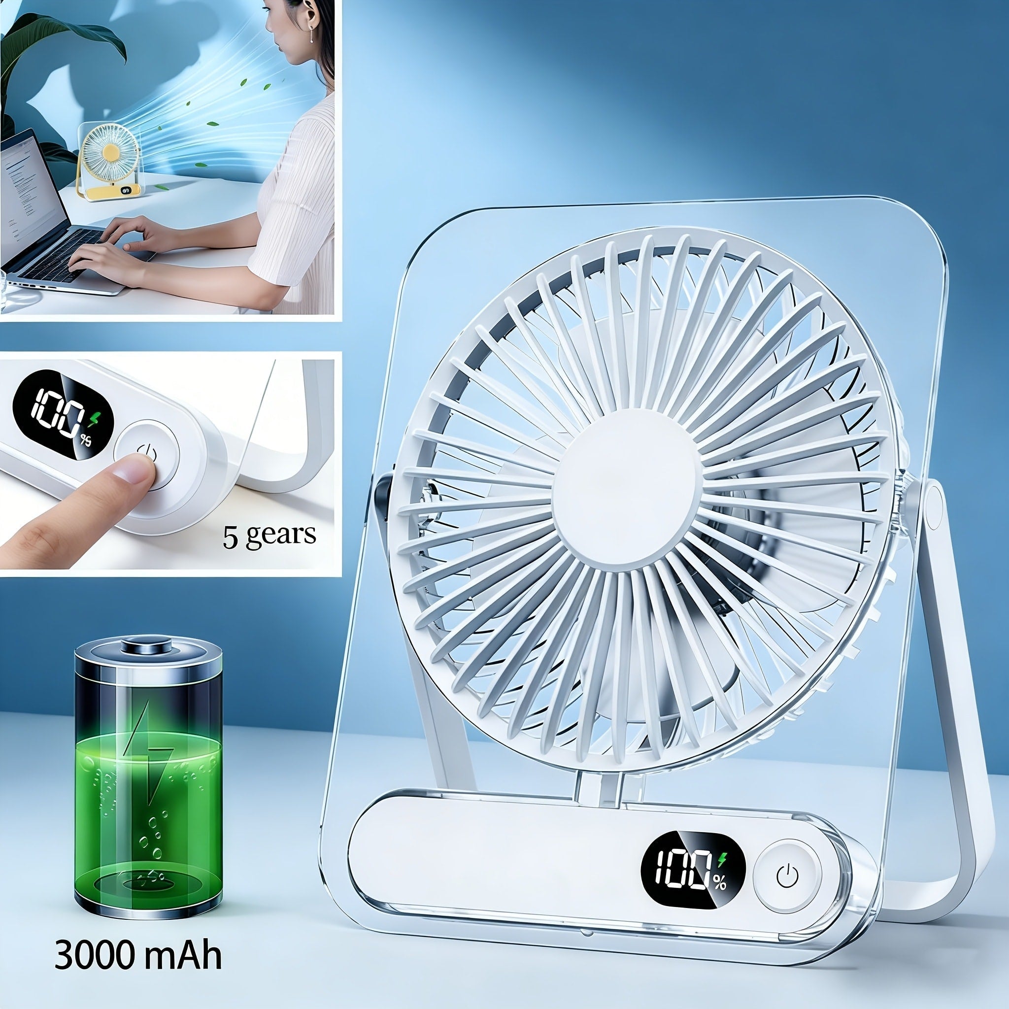 Portable USB Desktop Fan 3000mAh Battery, Ultra-Quiet 5-Speed Foldable Fan with 180¡ã Adjustable Tilt and Digital Power Display, Small Personal Cooling Fan for Home, Office and Travel