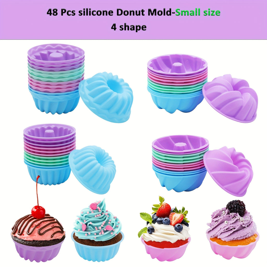 Silicone Donut Mold 48pcs, Nonstick Silicone Baking Cups with 4 Shapes (Thread, Woven, Pumpkin, Flower), Muffin Jello Bagel Pan, Oven Microwave Dishwasher Safe Silicone Baking Molds for Donuts and Cupcakes