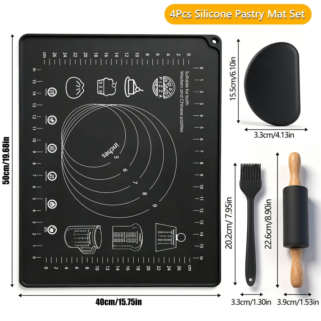 Silicone Baking Mat Set 4pcs, Extra Thick Non-Stick Pastry Mat with Measurement Scales, Non-Slip Dough Kneading Mat, Includes Rolling Pin, Dough Scraper and Storage Bag, Reusable Kitchen Baking Tools