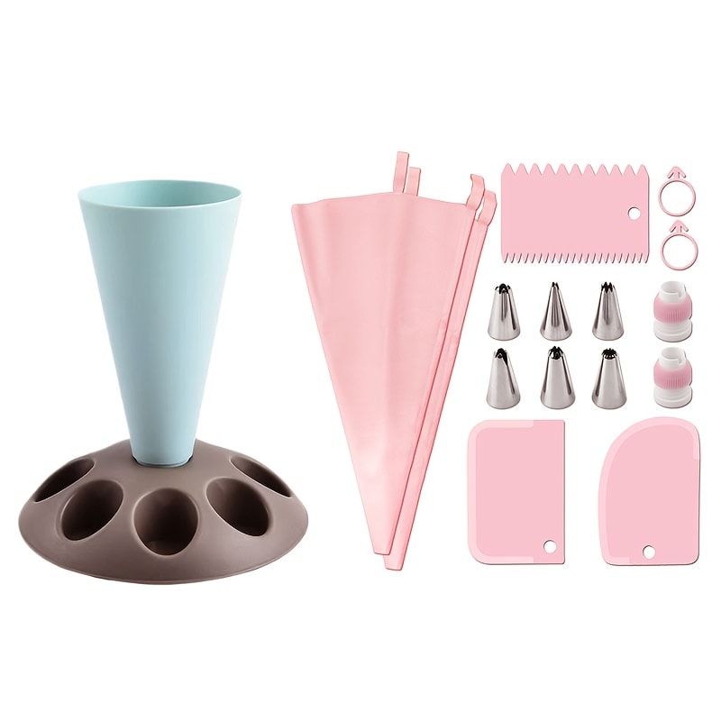 Piping Bag Holder Set 17pcs, Multi-Bag Icing Stand with Various Nozzle Tips for Cake Decorating, Cupcake Frosting, Cookie Decorating, Baking Accessories for Professional and Home Bakers