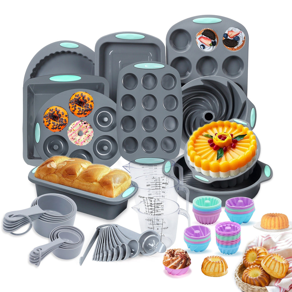 Silicone Bakeware Set with Cake Molds, Muffin Pan, Donut Pan, Baking Sheet, Baking Cups & Measuring Cups Spoons, Complete Nonstick Silicone Baking Set for Oven, 45-Piece 53-Piece or 83-Piece Options
