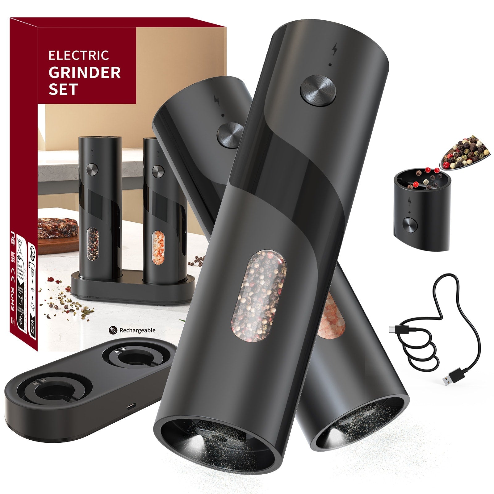 Electric Salt and Pepper Grinder Set with LED Light & Gravity Sensor ¨C USB Rechargeable, Top-Fill, Large Capacity Automatic Spice Mill ¨C 1 or 2 Pack Kitchen Gift Set