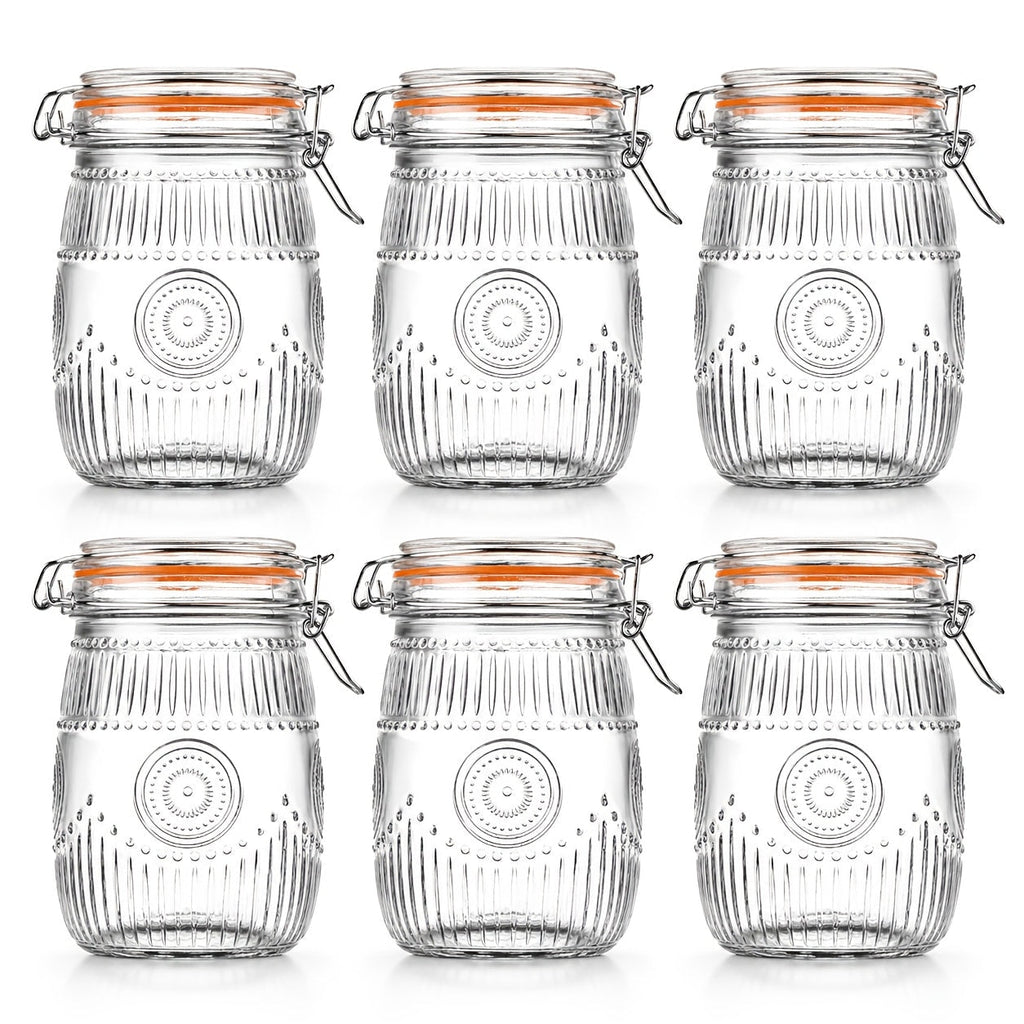 Mason Jars 6 Pack 32oz Wide Mouth Airtight Glass Canister Set with Hinged Lids Vintage Sunflower Pattern Kitchen Storage Jars for Coffee Sugar Beans Spices Dry Goods Pantry Organization