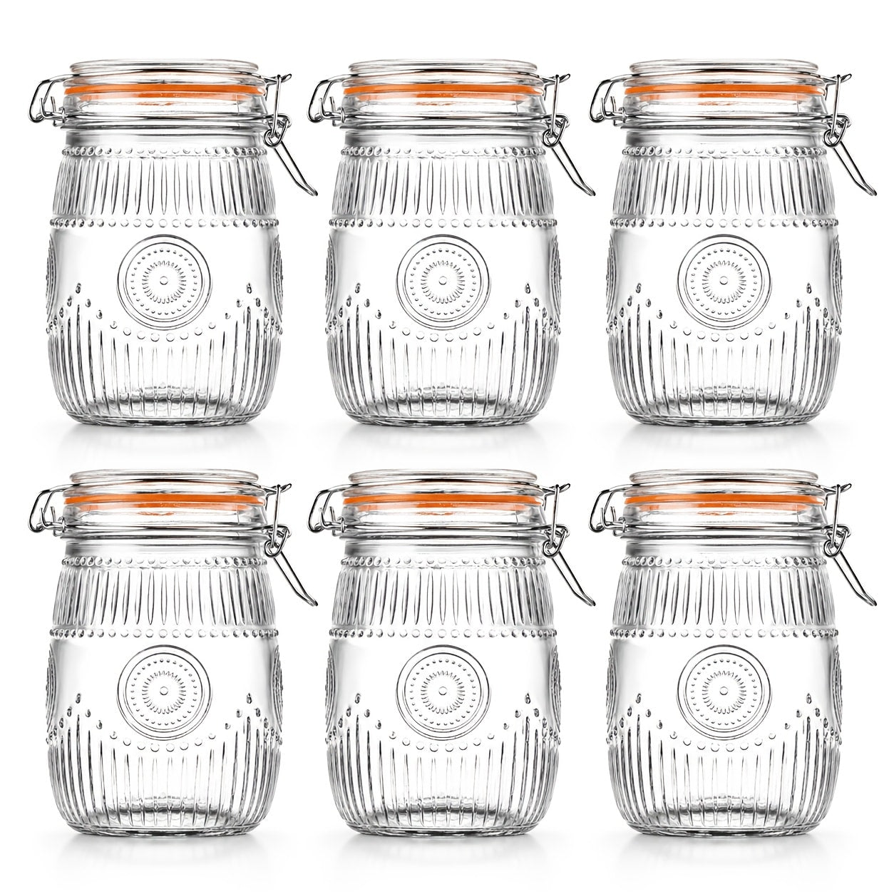 Mason Jars 6 Pack 32oz Wide Mouth Airtight Glass Canister Set with Hinged Lids Vintage Sunflower Pattern Kitchen Storage Jars for Coffee Sugar Beans Spices Dry Goods Pantry Organization
