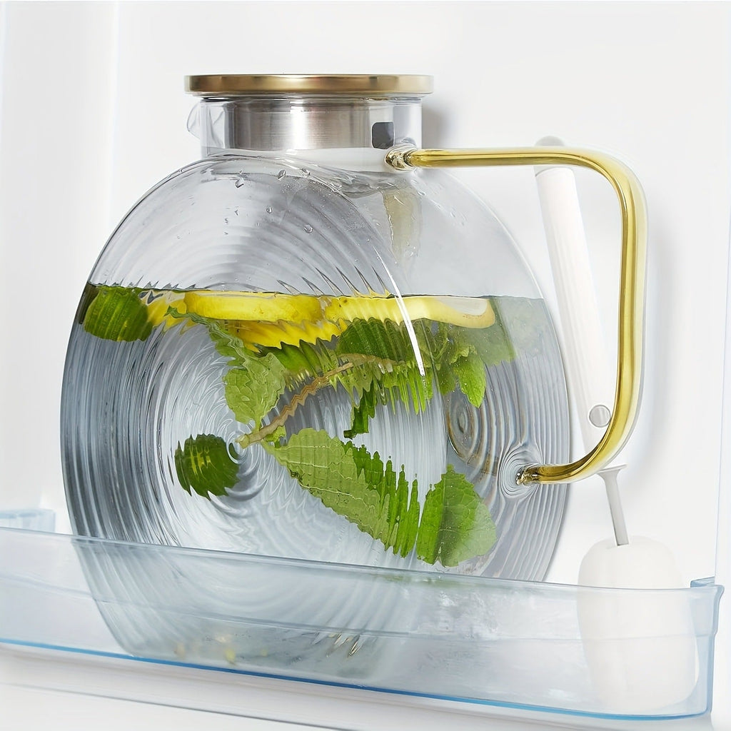Borosilicate Glass Pitcher with Lid for Fridge, 2.5L/84oz Large Iced Tea Pitcher with Handle, Water Jug for Sun Tea, Lemonade, Fruit Juice, Cold & Hot Beverages, Golden & Grey