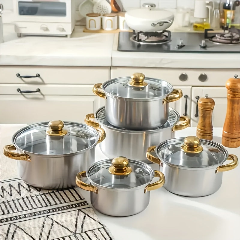 304 Stainless Steel Cookware Set with Golden Handles, 1/10/15pcs Deep Thick Soup Pot & Pan Set for Induction & Gas Stoves, Outdoor Camping & Kitchen Cooking, Pink, Silver & Orange