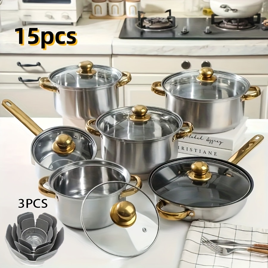 304 Stainless Steel Cookware Set with Golden Handles, 1/10/15pcs Deep Thick Soup Pot & Pan Set for Induction & Gas Stoves, Outdoor Camping & Kitchen Cooking, Pink, Silver & Orange