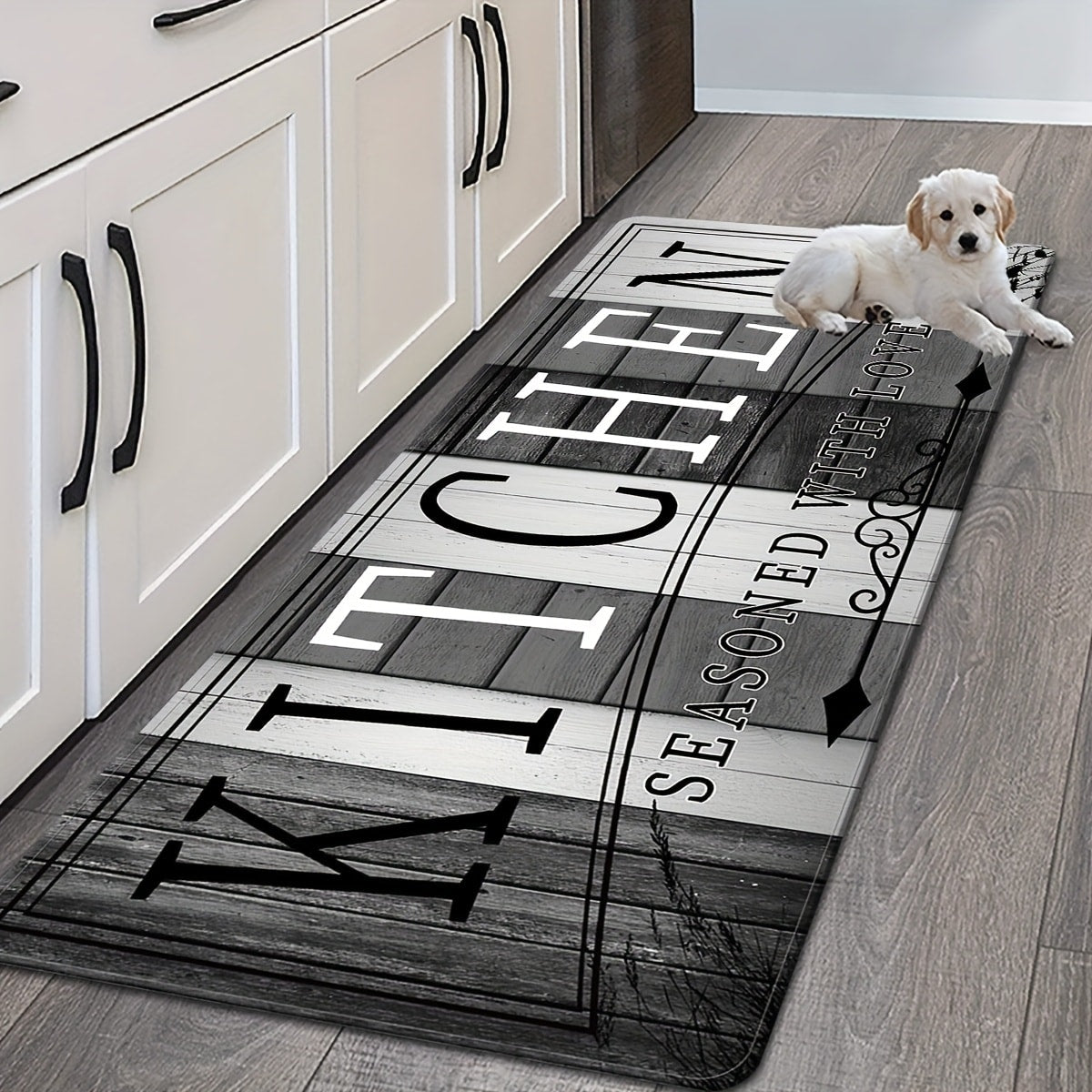 Kitchen Rug Non-Slip Washable Wood Grain Farmhouse Floor Mat Durable Polyester Anti-Fatigue Kitchen Mat for Kitchen Hallway Bathroom Laundry Room Home Decor Multiple Sizes Black White