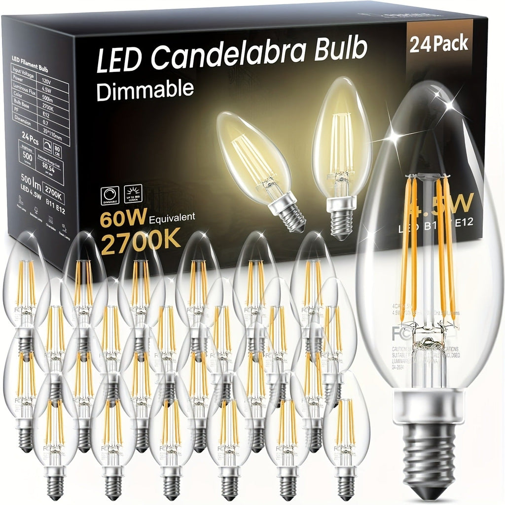 LED Candle Light Bulbs E12 Base B11 Dimmable 2700K Warm White 500 Lumens Clear Glass Vintage Filament Bulb for Chandelier Ceiling Fan Dining Room Living Room Bedroom Kitchen 12 Pack 24 Pack