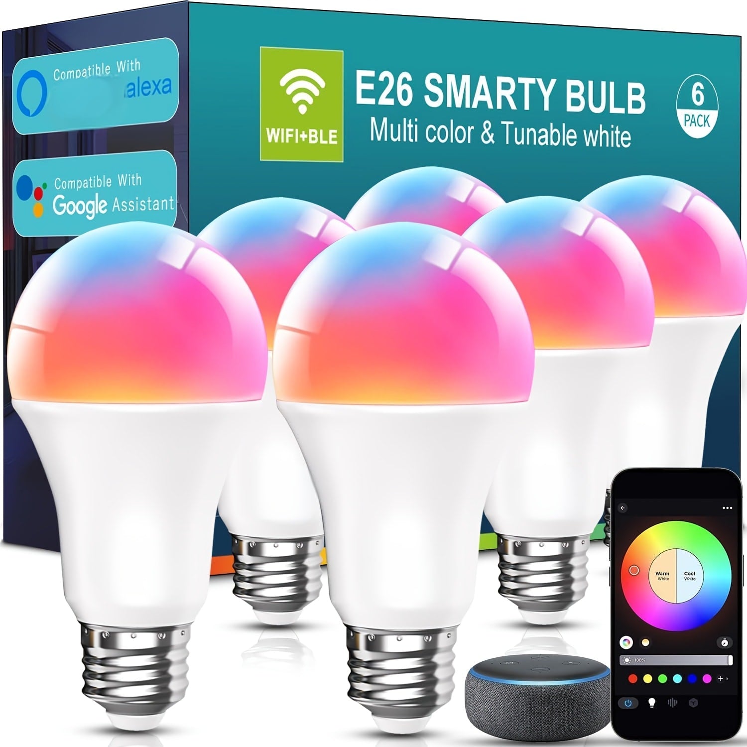 Smart Light Bulbs RGBCW Color Changing A19 E26 9W 800LM WiFi Bluetooth LED Bulb Compatible with Alexa Google Home 16 Million Colors Music Sync Dimmable for Bedroom Living Room Party Halloween Decor 2 4 6 Pack