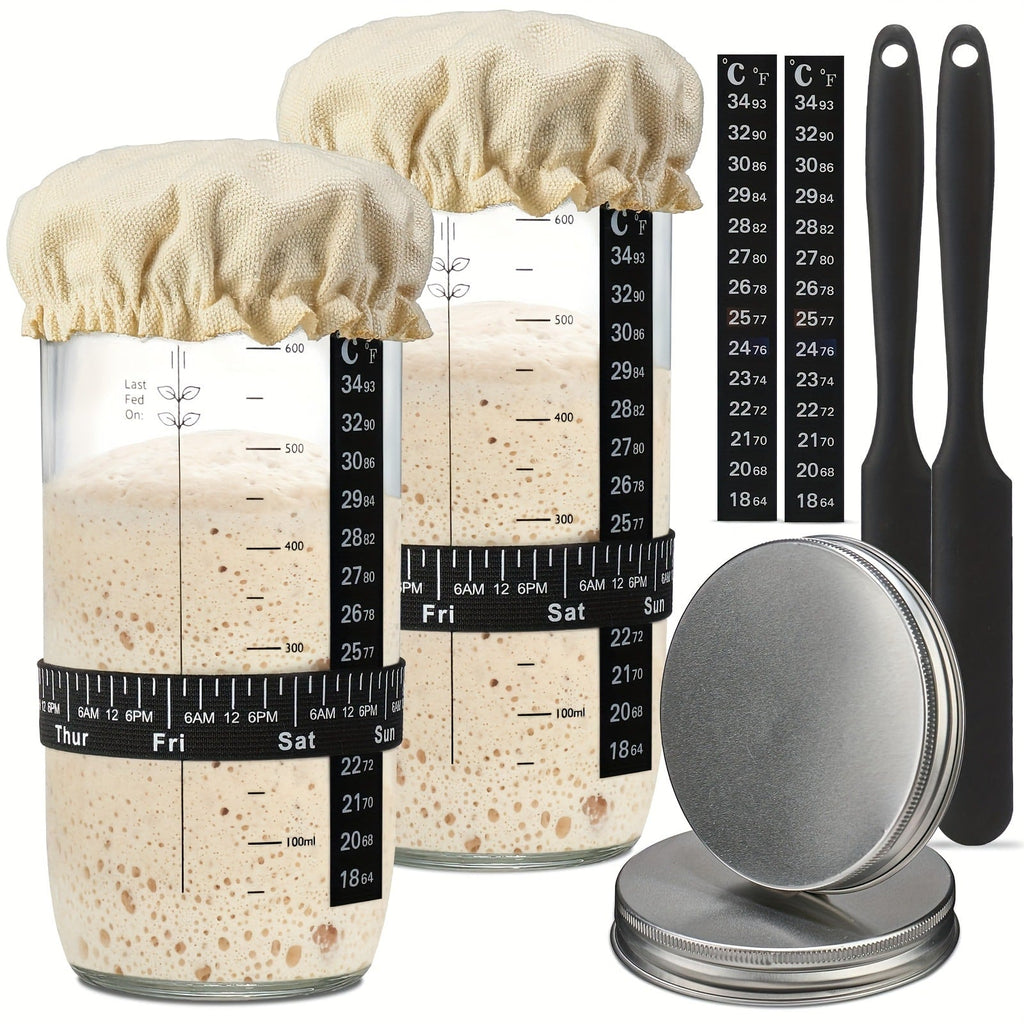 Glass Fermentation Jar Kit 24oz with Thermometer Scraper Cloth Lid Aluminum Lid and Auxiliary Label for Bread Baking Sourdough Juice Fermentation Available in 1 and 2 Pack
