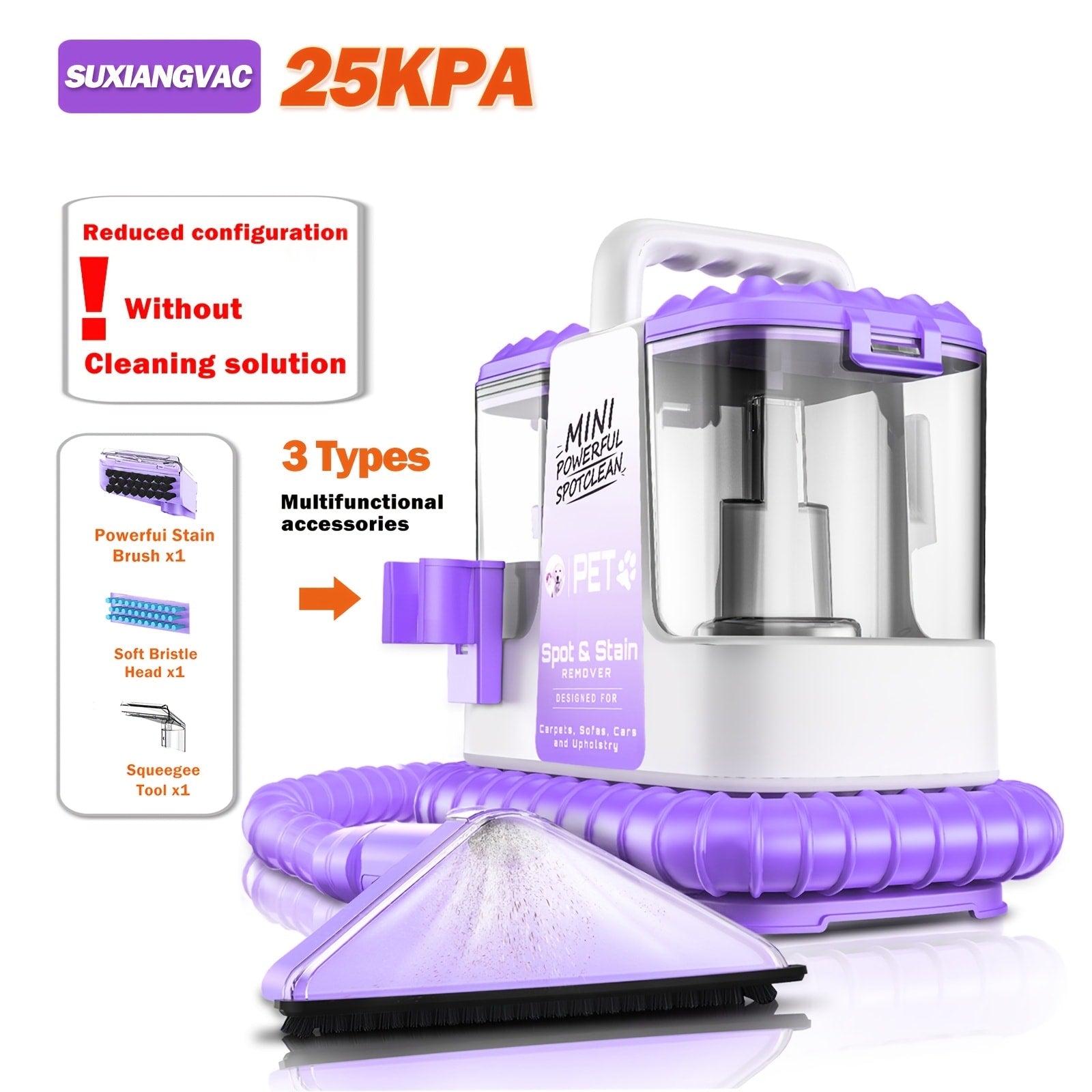 Portable Carpet Cleaner 25Kpa Upholstery Cleaner Machine with Dual Brush Heads Self-Cleaning Pet Stain Remover for Sofa Couch Car Seat Rug Mattress Spot Cleaner
