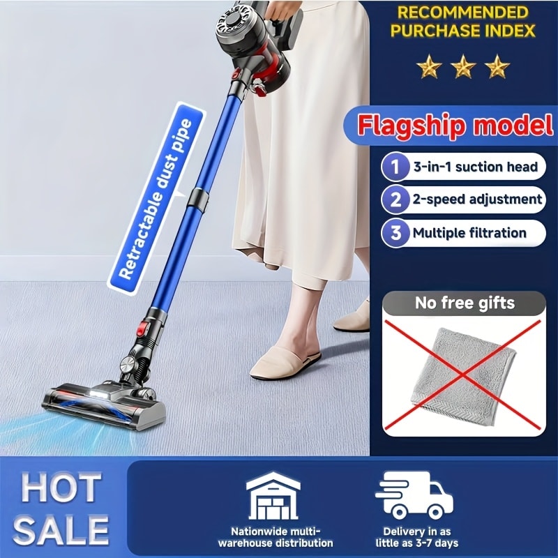 Cordless Vacuum Cleaner with Green Light Indicator, Brushless Motor Rechargeable Handheld Stick Vacuum for Home Car Carpet Pet Hair Hardwood Floor, 2L Dust Cup 45-Min Runtime Multi-Filter Portable Design