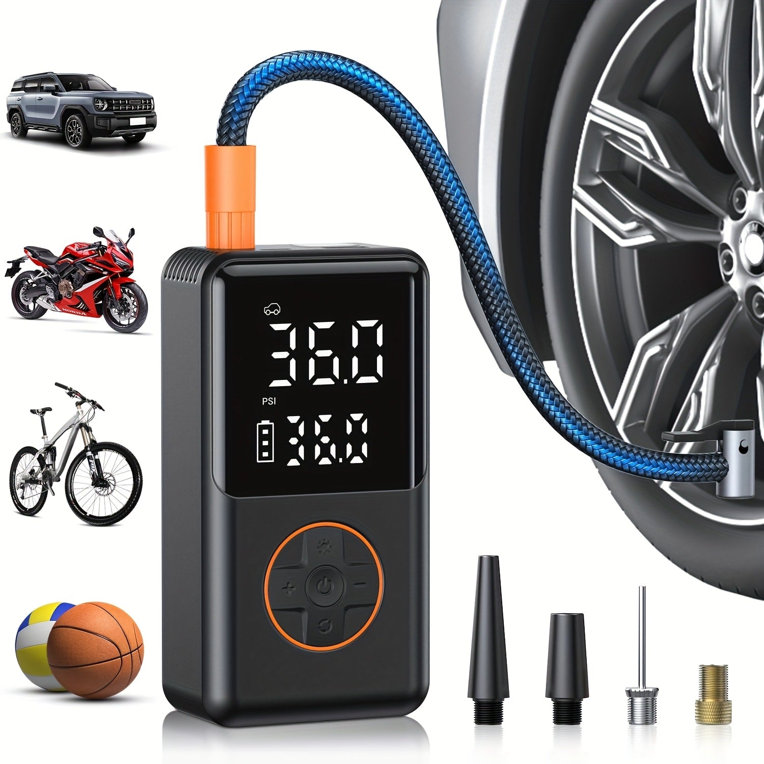 Portable Tire Inflator Cordless 150PSI Electric Air Compressor Pump with LCD Display, Auto Shut-Off, LED Light & Preset Pressure for Car Motorcycle Bike Sports Ball Camping Outdoor Emergency