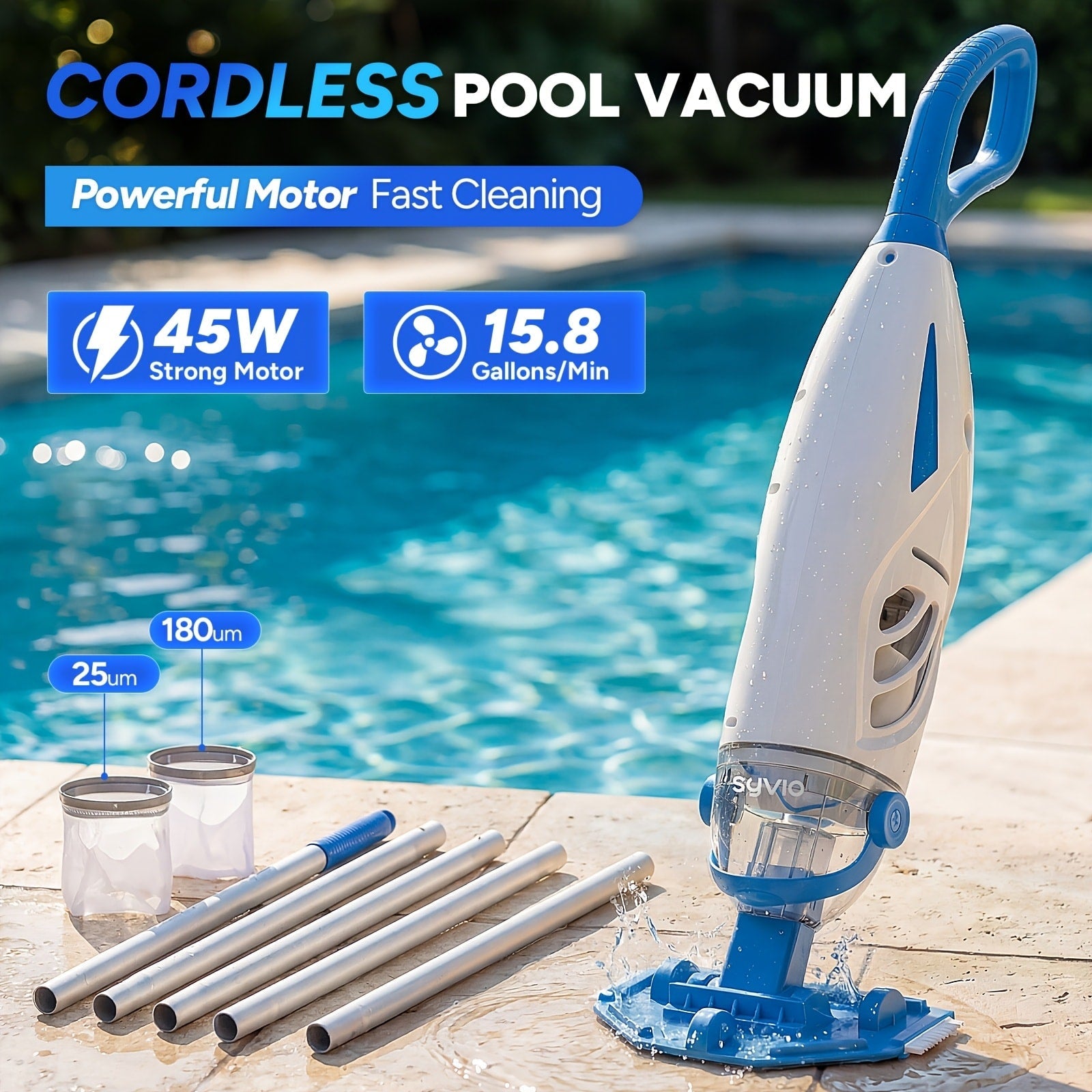 Cordless Pool Vacuum Cleaner 15.8 GPM Suction, 60-Min Runtime, Telescopic Pole, Handheld Rechargeable Pool Cleaner for Inground & Above Ground Pools, Removes Leaves Insects Debris, Summer Essential