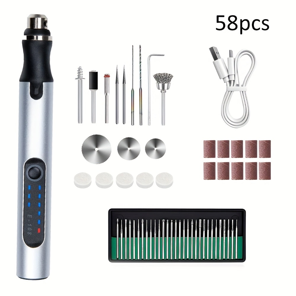 Mini Rotary Tool Kit - Wireless USB Rechargeable Micro Drill Carving Pen for Cutting, Carving, Drilling, Polishing & Buffing (58/74/83 Pcs)