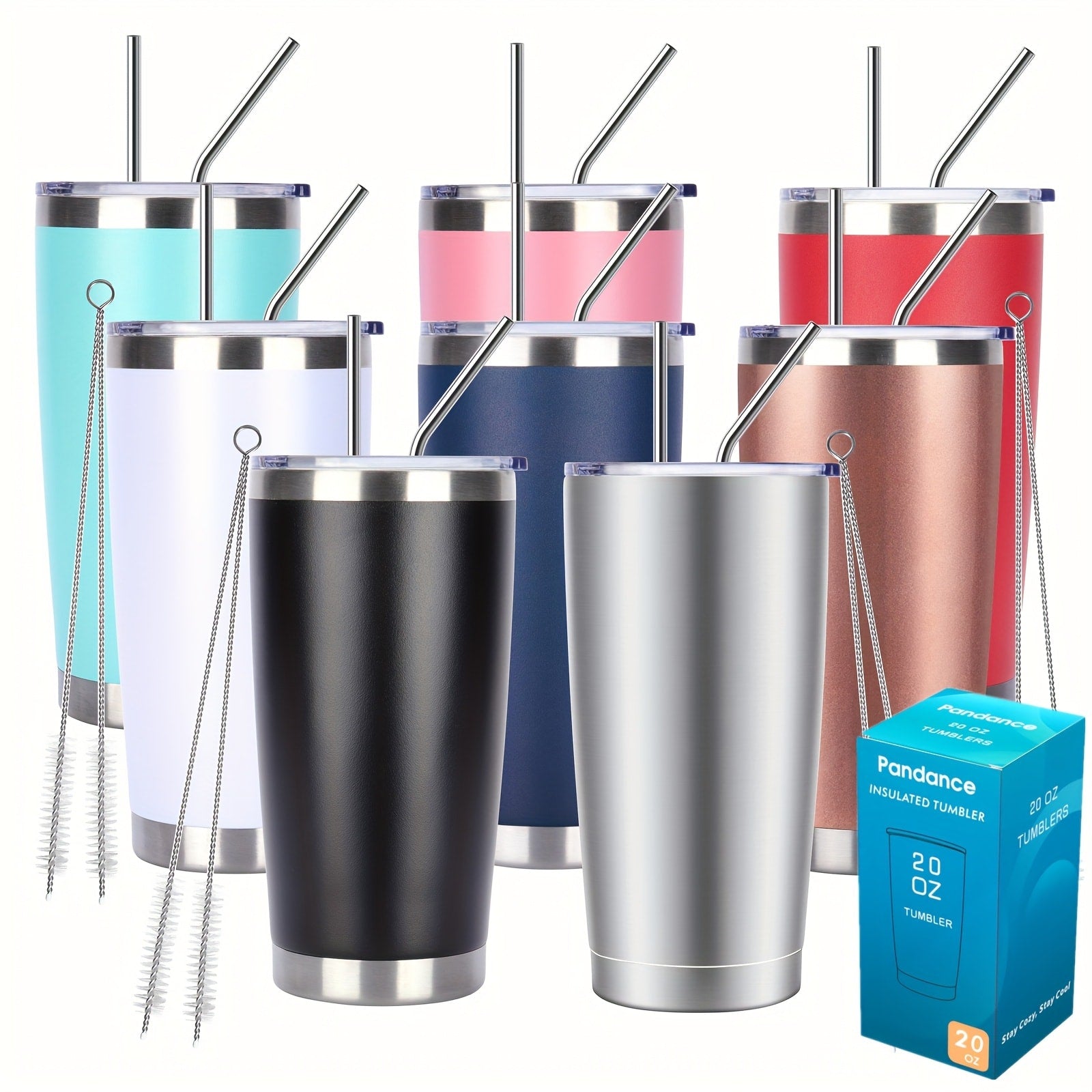Stainless Steel Insulated Tumblers with Lid and Straw Bulk 20oz 304 Double Wall Vacuum Travel Mug for Hot Iced Coffee Drinks Water Cup Set 8pcs 12pcs 24pcs White Navy Blue Red Silver Black Mix