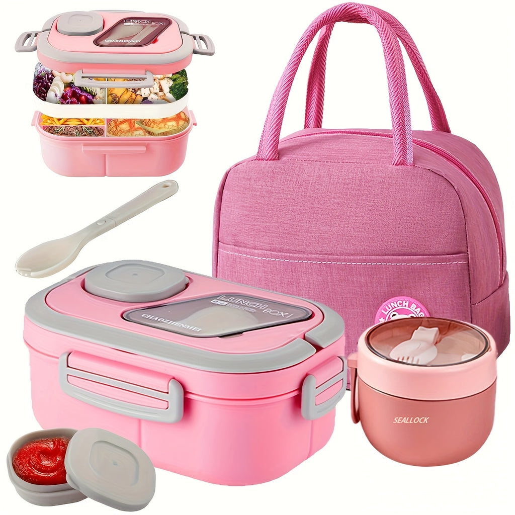 Bento Box 2-Layer with Multiple Compartments - Complete Set with Cup Bag Cutlery and Sauce Box, Microwave Safe Lunch Box for School Work and Outdoor Meals, Leak Proof Temperature Retentive Food Container Available in White Pink and Blue