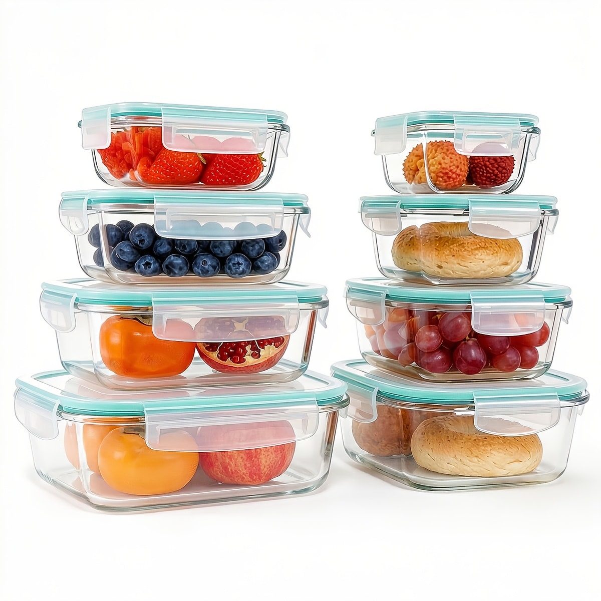 Glass Food Storage Containers 16-Piece Set 8 Glass Bowls with 8 Sealed Lids BPA Free Dishwasher Microwave Refrigerator Safe Meal Prep Containers Bento Boxes in Blue Grey Green Assorted