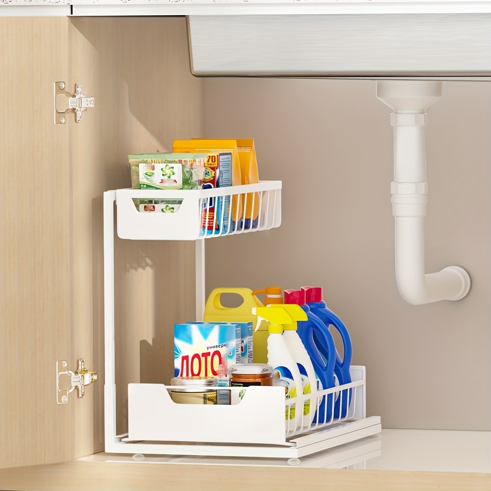 Under Sink Organizer 2-Tier Sliding Pull-Out Metal Rack Cabinet Storage for Kitchen Bathroom Refrigerator Adjustable Shelf Organizer in Black White Gray